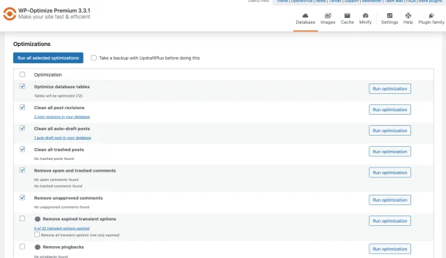 WP-Optimize database optimization settings