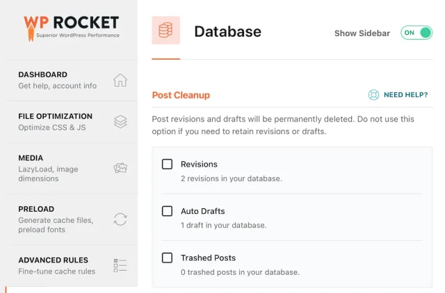Wp rocket database optimization settings