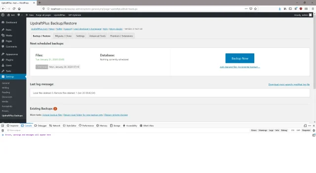 Opening UpdraftPlus broswer developer tools in Mozilla Firefox