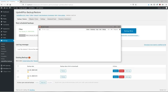 Opening UpdraftPlus browser developer tools in internet explorer