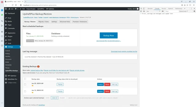 Opening UpdraftPlus browser developer tools in Opera