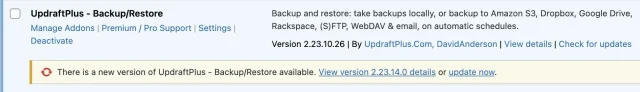 UpdraftPlus plugin update notification