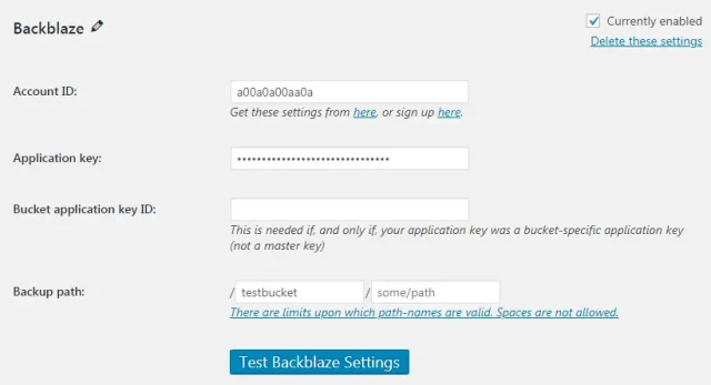 Backblaze settings setup
