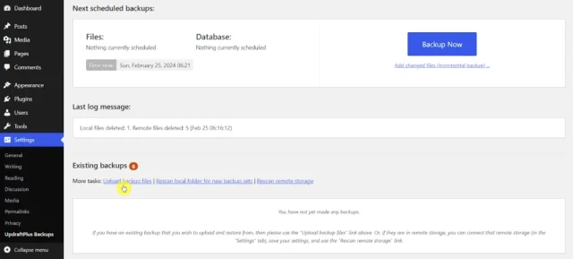 Existing backup section UpdraftPlus screenshot