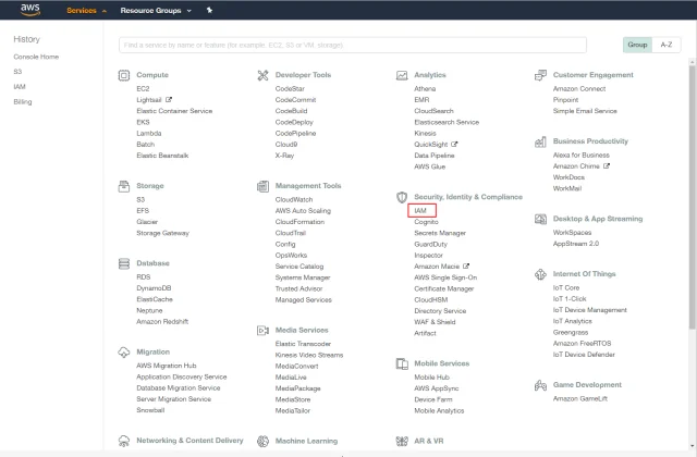 Finding the Identity and Access Management (IAM) console in Amazon AWS