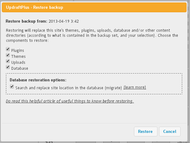 Restore backup window popup