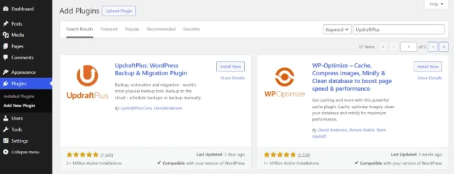 UpdraftPlus installation in WordPress directory