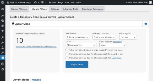 Creating a clone in UpdraftPlus