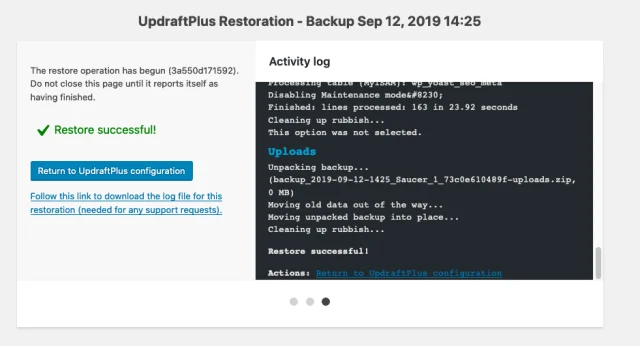 Activity log restore success