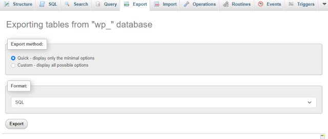 Exporting tables from the WordPress database