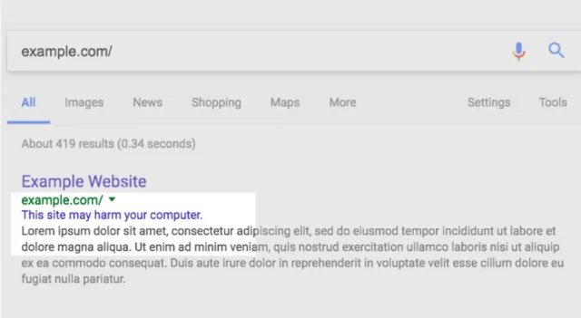 Google search result showing example of site that may harm a computer