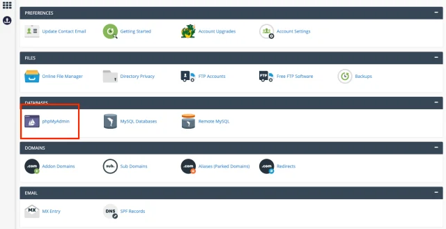 Screenshot of the php my admin panel