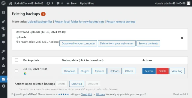 Click the browse all existing UpdraftPlus backups here