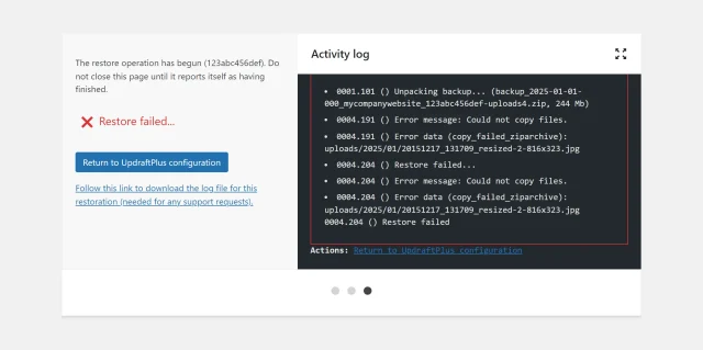 Restoration log file window in UpdraftPlus