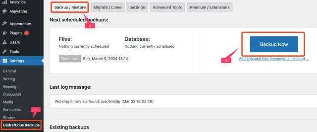 Backup now button UpdraftPlus