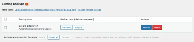 Existing backups UpdraftPlus