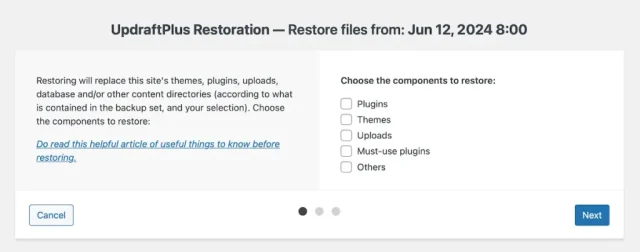 Restoring files in UpdraftPlus